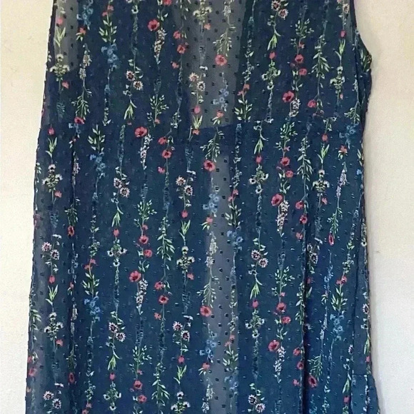 NWOT LC By Lauren Conrad Linear Botanical Long Vest  One Size Navy Blue Floral - Picture 14 of 14